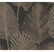 Papier peint intissé avec motif de grandes feuilles de palmier aspect lin.