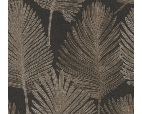 Papier peint intissé avec motif de grandes feuilles de palmier aspect lin.