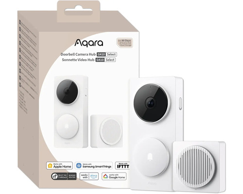 Aqara Doorbell Camera Hub G410 Select in Weiss mit Gong und Verpackung, kompatibel mit Apple Home, Google Home und Alexa.