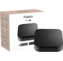 Passerelle Smart Home Aqara Hub M3 noire pour Zigbee et Matter avec emballage du produit et Aqara Logo.
