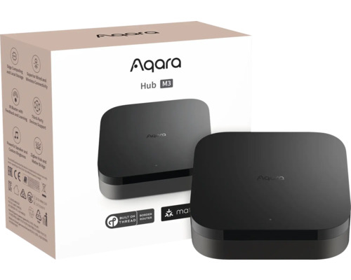 Passerelle Smart Home Aqara Hub M3 noire pour Zigbee et Matter avec emballage du produit et Aqara Logo.