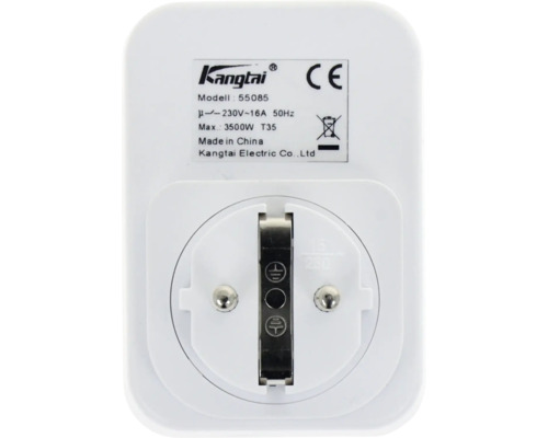 Vue arrière d une fiche intermédiaire Kangtai modèle 55085 avec données techniques 230 Volt et 16 Ampères, marquage CE et symbole de recyclage.