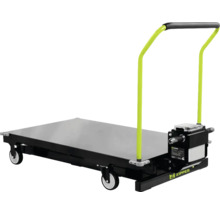 Zipper Elektro-Plattformwagen mit großer Metallplattform und grünem Schiebebügel.