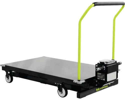 Zipper Elektro-Plattformwagen mit großer Metallplattform und grünem Schiebebügel.