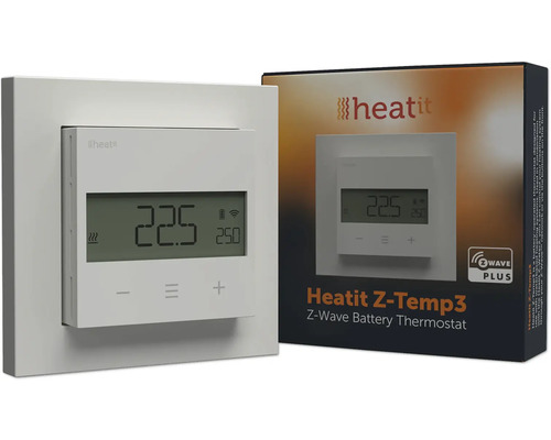 Thermostat à batterie Heatit Z-Temp3 Z-Wave blanc avec écran LCD et boutons de commande à côté de son emballage.