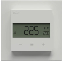 Thermostat numérique blanc Heatit avec écran LCD affichant 22,5 degrés, Heatit Logo et commandes tactiles.