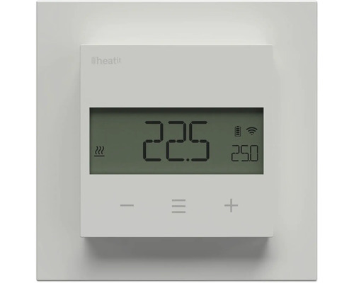 Thermostat numérique blanc Heatit avec écran LCD affichant 22,5 degrés, Heatit Logo et commandes tactiles.