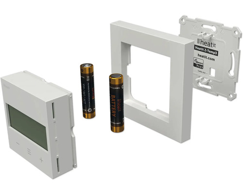 Thermostat Heatit Z-Temp3 avec écran, deux piles AAA, cadre de montage et plaque de montage avec Heatit Logo et symbole Z-Wave Plus.
