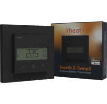 Thermostat à pile Heatit Z-Temp3 Z-Wave noir avec affichage numérique et emballage du produit.