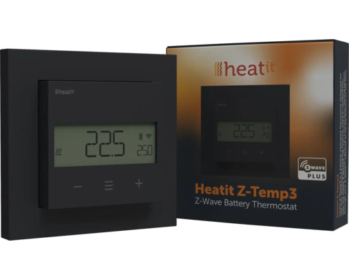 Thermostat à pile Heatit Z-Temp3 Z-Wave noir avec affichage numérique et emballage du produit.