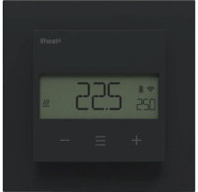 Thermostat numérique Heatit noir avec écran LCD affichant 22,5 degrés et touches tactiles pour moins, menu et plus.