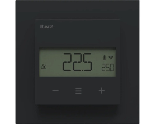 Thermostat numérique Heatit noir avec écran LCD affichant 22,5 degrés et touches tactiles pour moins, menu et plus.