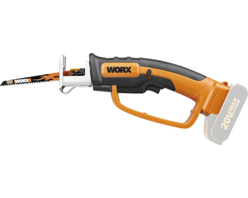 Worx Akku-Säbelsäge 20 Volt mit Sägeblatt und Lithium-Akkumulator.