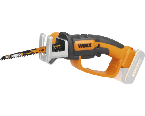 Worx Akku-Säbelsäge 20 Volt mit Sägeblatt für Holz, orange und schwarz.