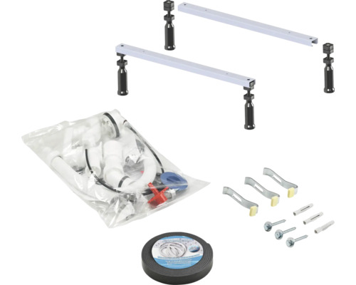Kit de montage complet pour baignoires comprenant des pieds réglables en hauteur, un siphon, une bande d'étanchéité et du matériel de fixation.