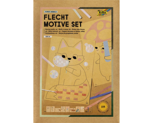Folia Flechtmotive Set Waldtiere, DIN A4, 225 Teile mit 24 Motiven, Flechtstreifen und Flechtnadel für Kinder.