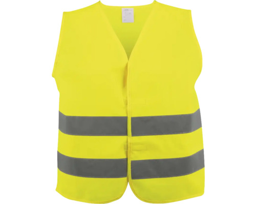 Gilet de sécurité jaune avec deux bandes réfléchissantes horizontales et fermeture à scratch pour une meilleure visibilité.