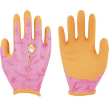 Gants de jardinage pour enfants en rose et orange avec motif de fille et d'outils de jardin.