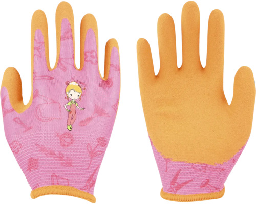 Gants de jardinage pour enfants en rose et orange avec motif de fille et d'outils de jardin.