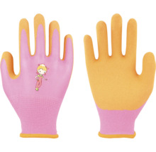 Gants de jardinage roses et jaunes pour enfants en textile tricoté avec paumes enduites et un motif de petite fille sur le dos.