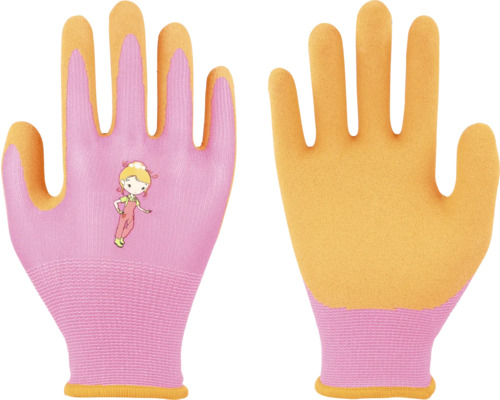 Gants de jardinage roses et jaunes pour enfants en textile tricoté avec paumes enduites et un motif de petite fille sur le dos.