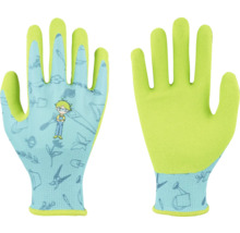 Gants de jardinage pour enfants avec motifs de jardin et figurine de garçon, dos bleu clair à motifs, paume enduite de vert fluo.