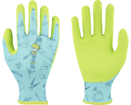 Gants de jardinage pour enfants avec motifs de jardin et figurine de garçon, dos bleu clair à motifs, paume enduite de vert fluo.