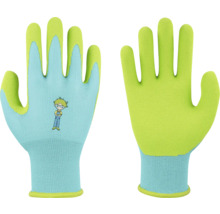 Gants de jardinage pour enfants bleu clair et vert citron avec paumes texturées et un personnage de bande dessinée au dos.