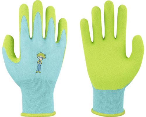 Gants de jardinage pour enfants bleu clair et vert citron avec paumes texturées et un personnage de bande dessinée au dos.
