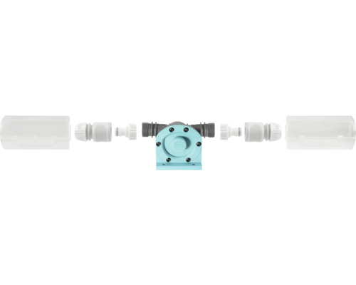 Kit de pompe pour perceuse avec raccords de tuyau et couvercles de protection transparents.