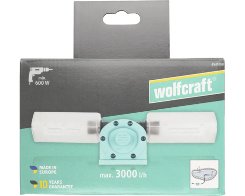 Pompe pour perceuse Wolfcraft avec Wolfcraft Logo, débit maximal 3000 litres par heure, à partir de 600 Watts, 10 ans de garantie.