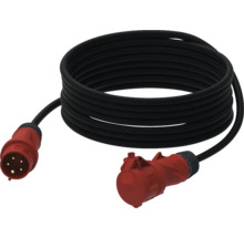 CEE Verlängerungskabel mit fünfpoligem Stecker und Kupplung, schwarzes Kabel und rote Anschlüsse.
