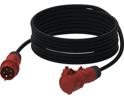 CEE Verlängerungskabel mit fünfpoligem Stecker und Kupplung, schwarzes Kabel und rote Anschlüsse.