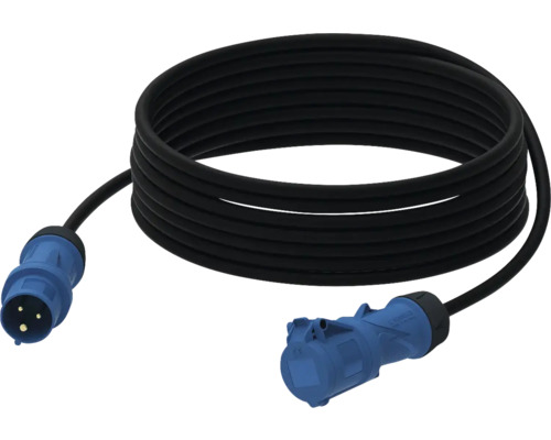 CEE-Verlängerungskabel für Camping und Außenbereich, schwarze Leitung mit blauem Stecker und blauer Kupplung.