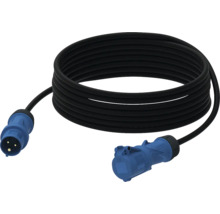 Rallonge CEE noire enroulée avec fiche bleue et prise bleue avec couvercle.