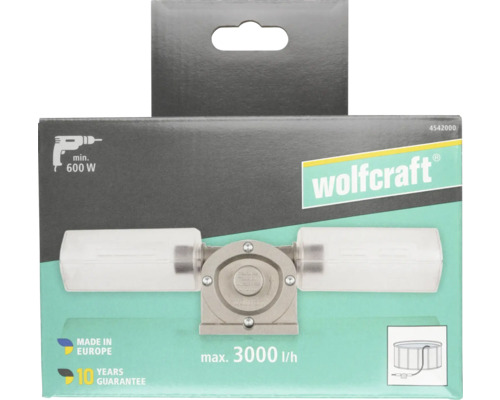 Pompe pour perceuse Wolfcraft, pour perceuses d'au moins 600 Watts, débit maximum 3000 litres par heure, garantie 10 ans, fabriquée en Europe.