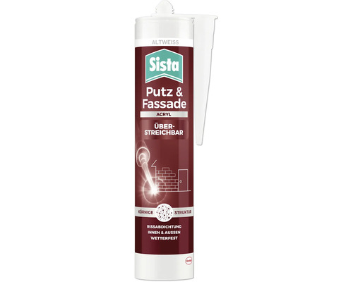 Mastic acrylique Sista pour crépi et façade, blanc cassé, structure granuleuse, peut être peint, intérieur et extérieur, Sista Logo, Henkel Logo.