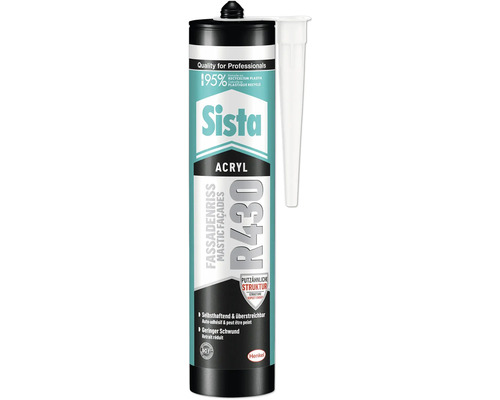 Cartouche Sista Acryl R430 mastic fissures de façade, structure aspect enduit, auto-adhésif et recouvrable, 95 pour cent de plastique recyclé.