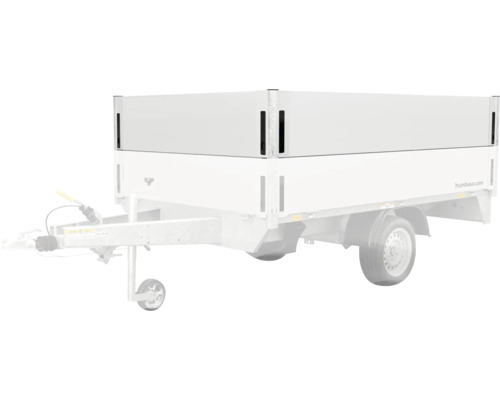 Einachsiger Anhänger mit Bordwandaufsatz für zusätzliches Ladevolumen.
