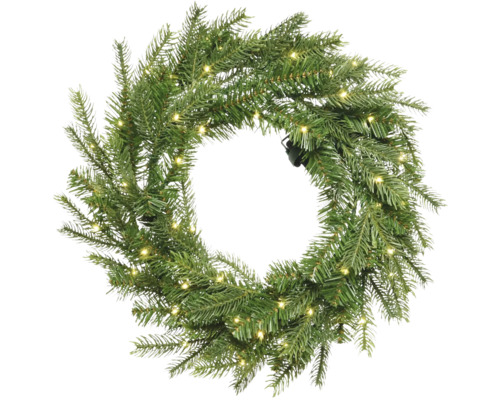 Couronne de sapin artificielle avec éclairage LED intégré en blanc chaud.