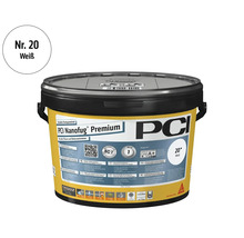 Mortier de jointoiement flexible PCI Nanofug Premium en blanc numéro 20 en seau pour carrelage et pierre naturelle.