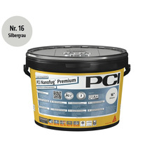 Mortier de jointoiement flexible PCI Nanofug Premium, couleur numéro 16 gris argent, pour carrelages et pierres naturelles en seau.
