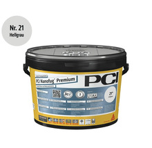 Mortier de jointoiement flexible PCI Nanofug Premium numéro 21 gris clair en seau pour carrelage et pierre naturelle.