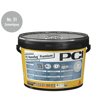 Mortier de jointoiement flexible variable PCI Nanofug Premium, couleur numéro 31 gris ciment, en seau.