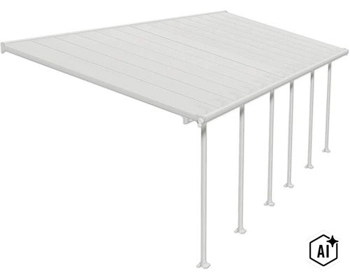 Couverture de terrasse avec toit fixe et poteaux de support verticaux pour le montage mural. (Image AI modified or generated)
