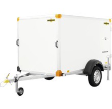 Remorque fourgon blanche Humbaur à un essieu avec roue jockey et Humbaur Logo.