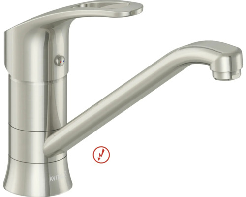 Mitigeur de cuisine basse pression AVITAL aspect inox avec commande monocommande, bec pivotant et AVITAL Logo.