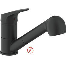 Mitigeur de cuisine monocommande noir mat avec douchette extractible, basse pression. Avital Logo.