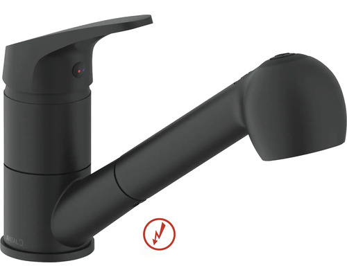 Einhebel-Küchenarmatur in Schwarz matt mit ausziehbarer Brause, Niederdruck. Avital Logo.