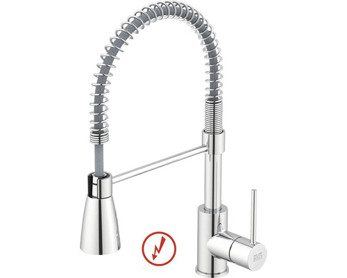 Mitigeur de cuisine basse pression avec douchette professionnelle, ressort hélicoïdal et levier unique, chromé. Logo KEO.